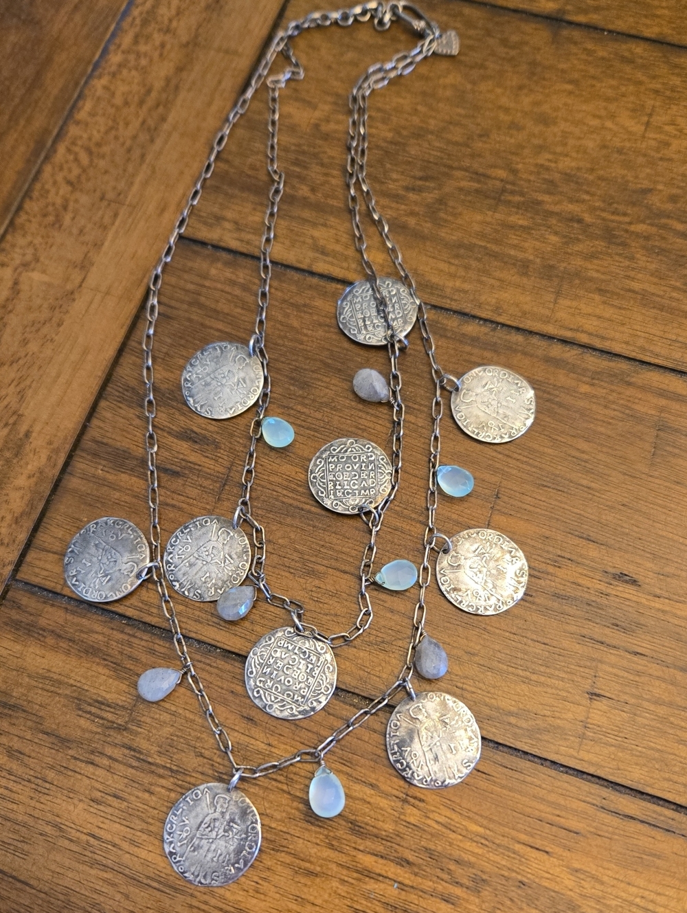 Stella & Dot Riviera Silver Layered Coin Necklace with Pale Blue Drops